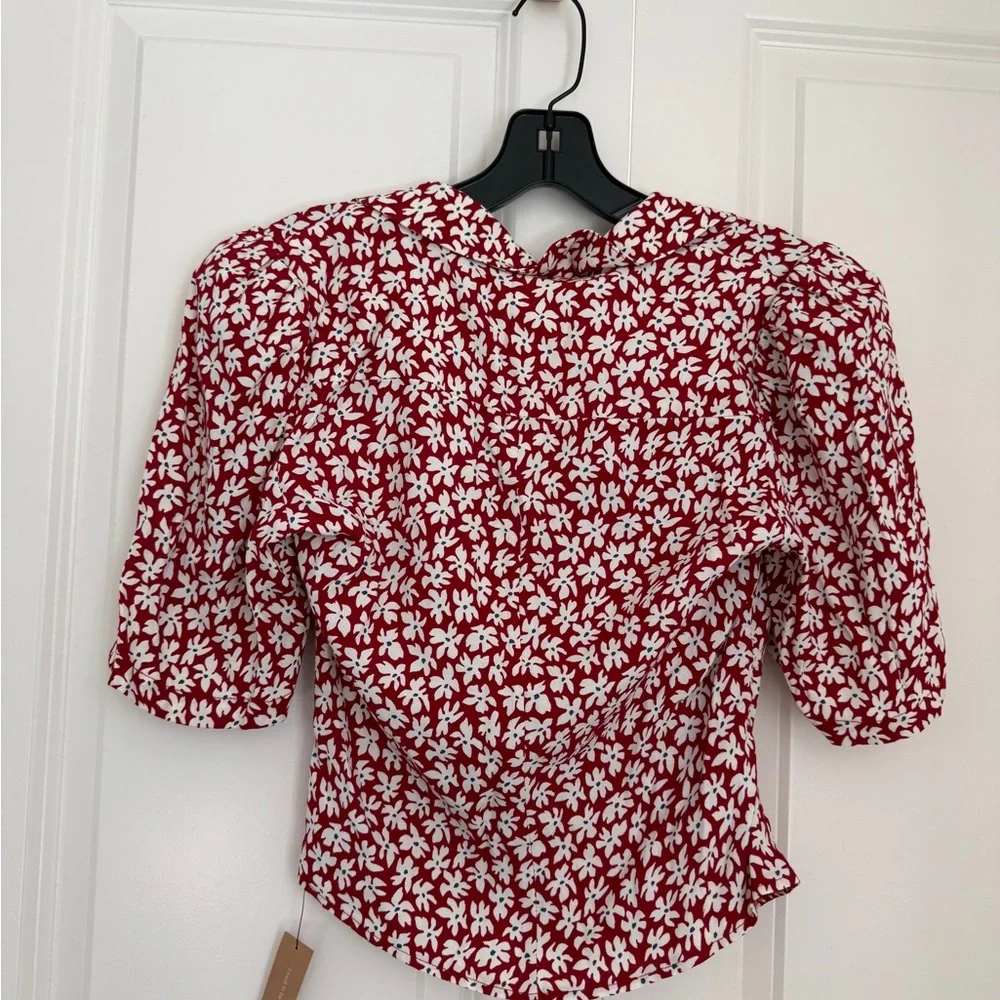 Reformation Red and White Floral V-Neck Puff Sleeve Top